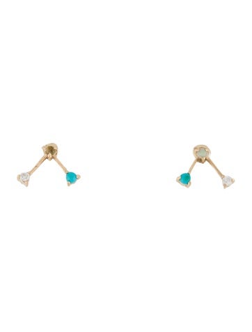 Pre-owned Earrings 14k Opal, Turquoise & Diamond Stud  In Multi