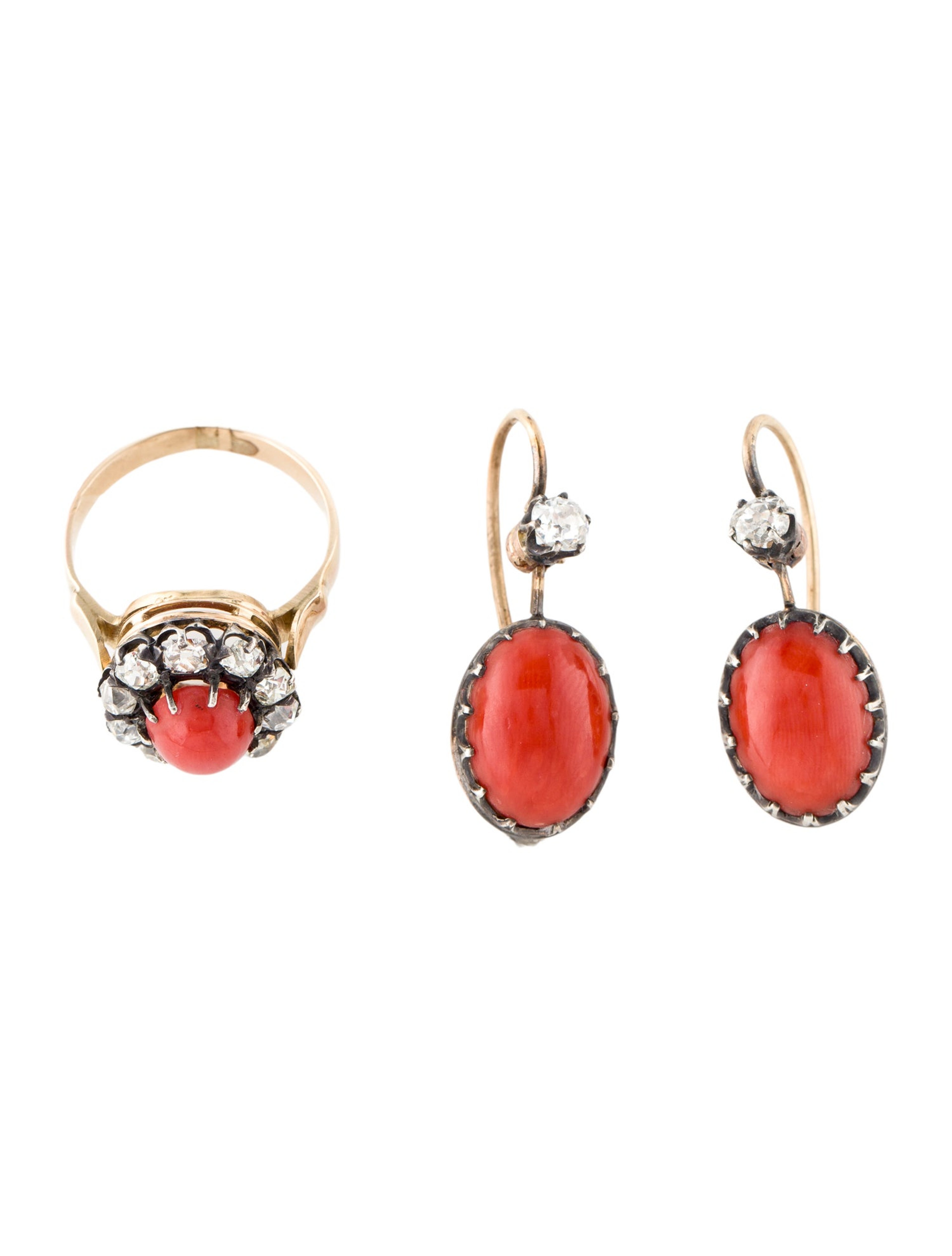 Coral & 1.80ctw Diamond Cocktail Ring & Drop Set