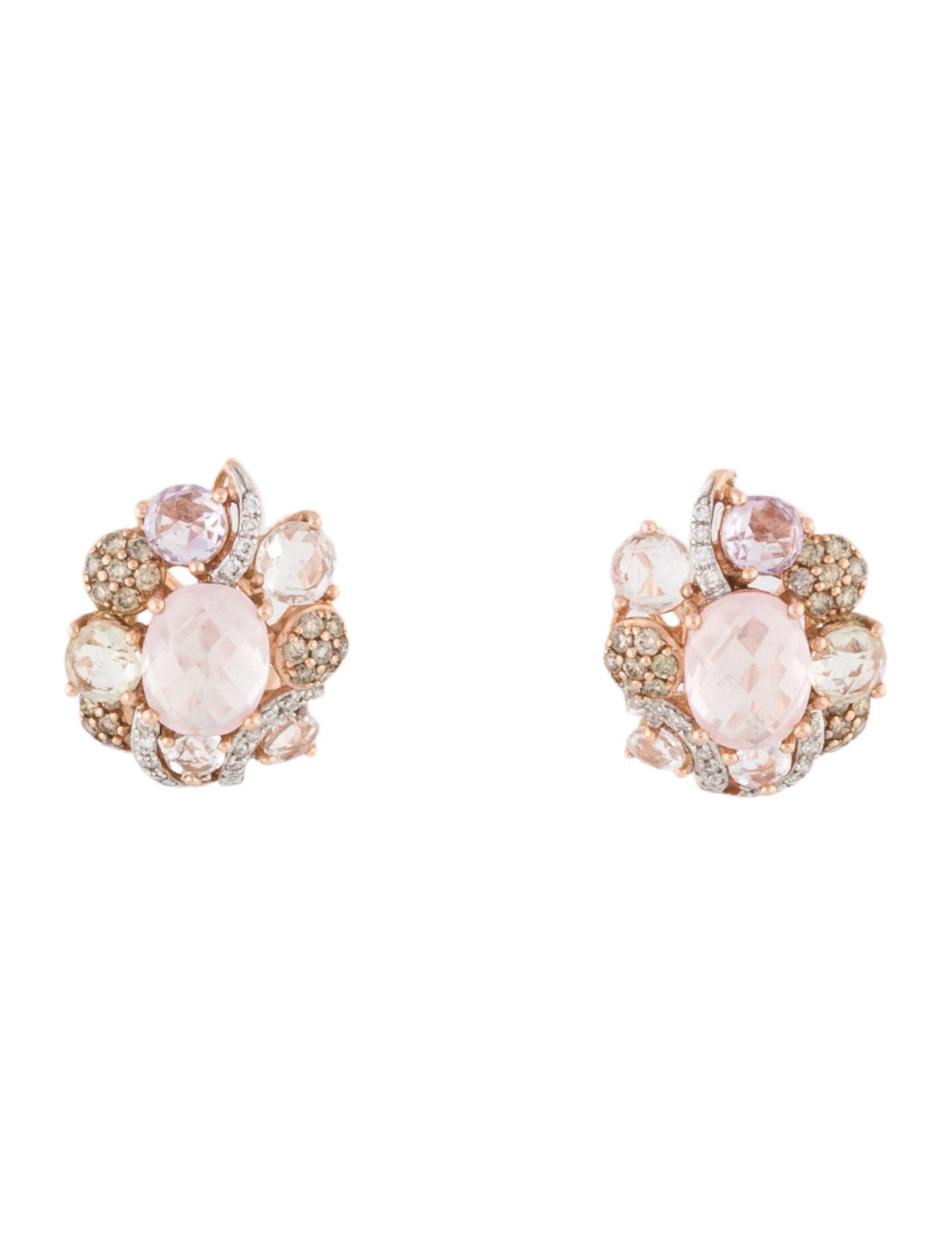 Earrings 14K Rose Quartz, Quartz, & Diamond Earclips