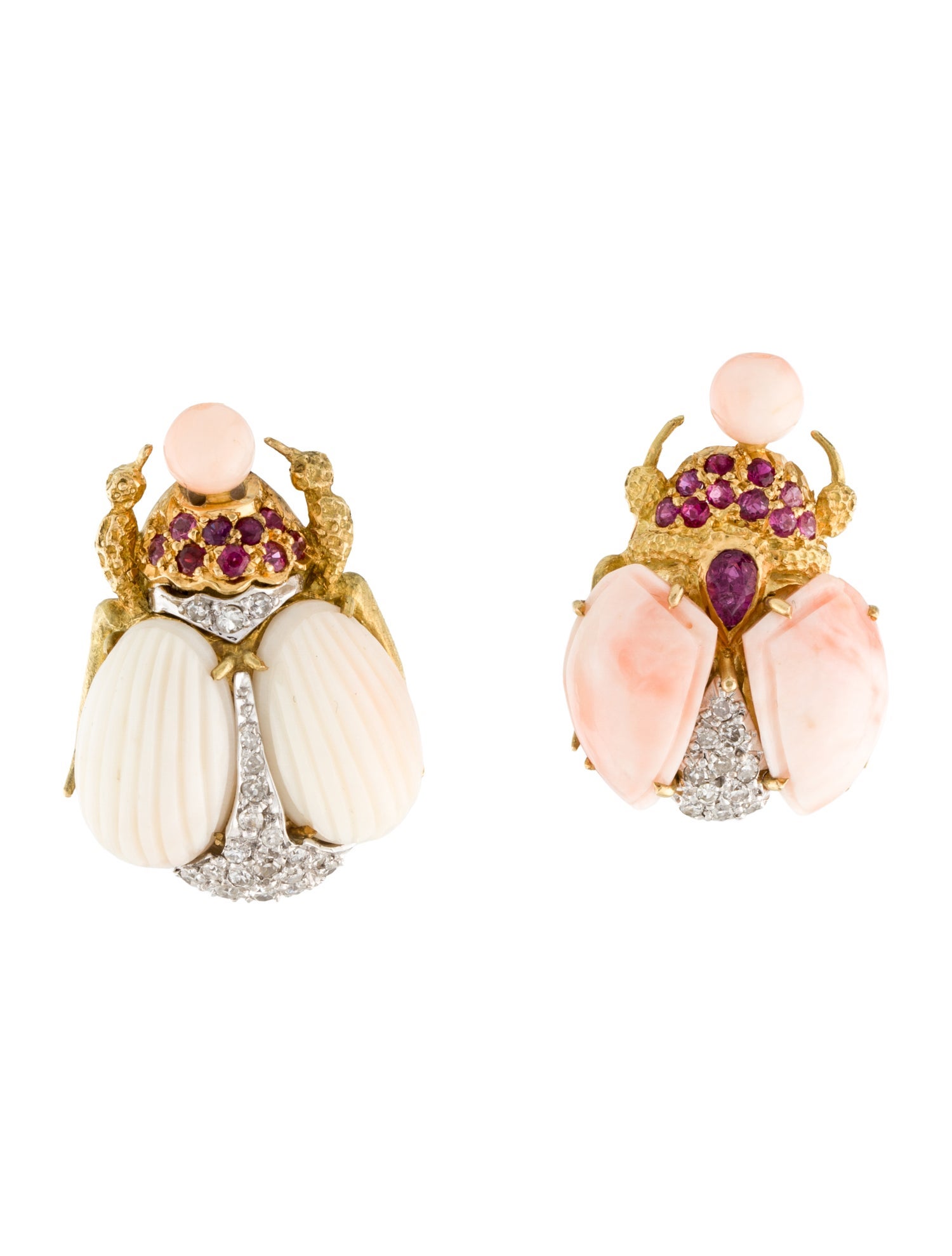 Earrings 18K Coral, Ruby & Diamond Scarab Beetle Clip-On Earrings