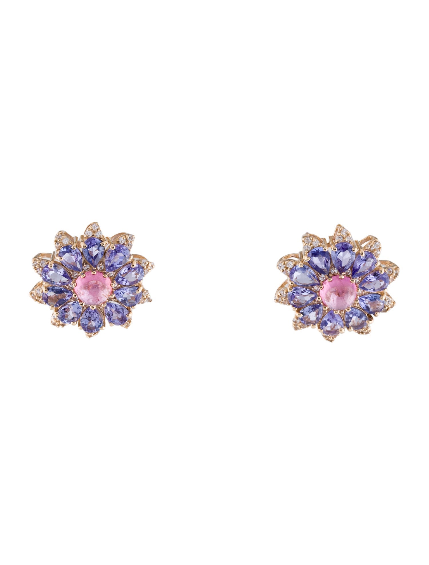 Earrings 14K 1.18ct Tourmaline, 2.85ct Tanzanite & Sapphire Floral Stud