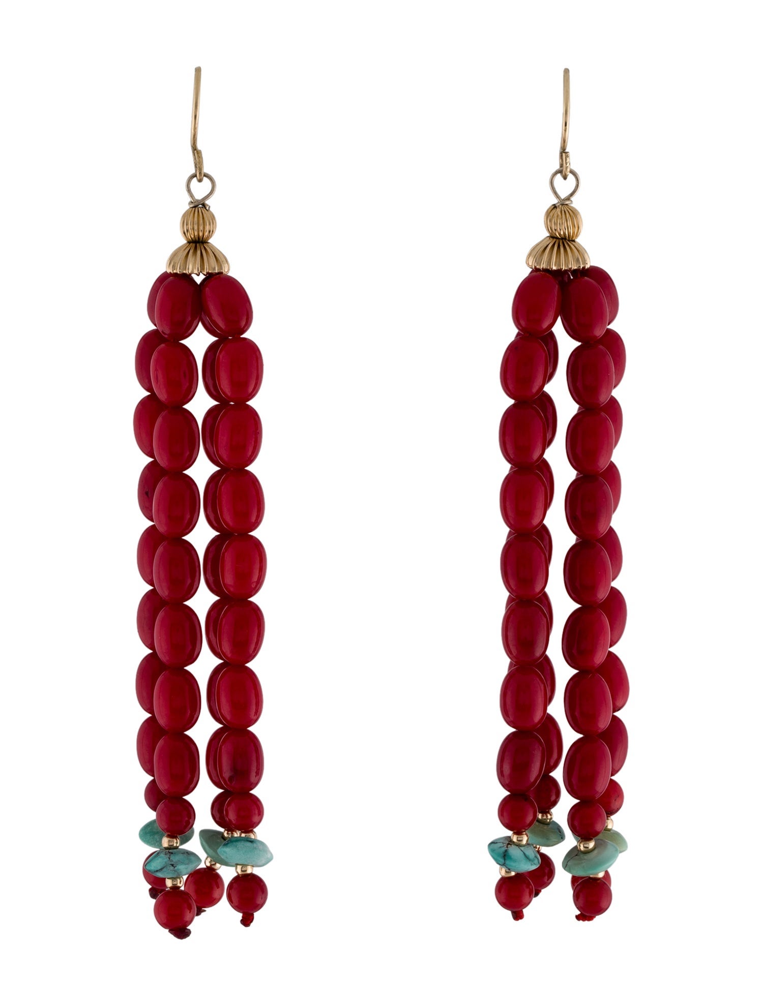 Earrings 14K Dyed Coral & Turquoise Beaded Tassel