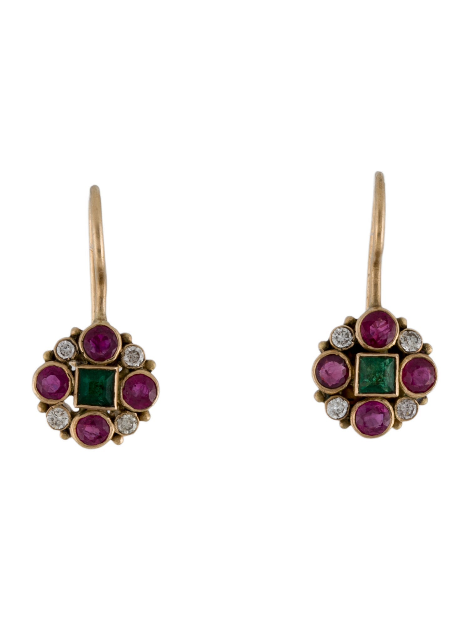 Earrings 14K Ruby, Emerald, & Diamond Cluster Drop
