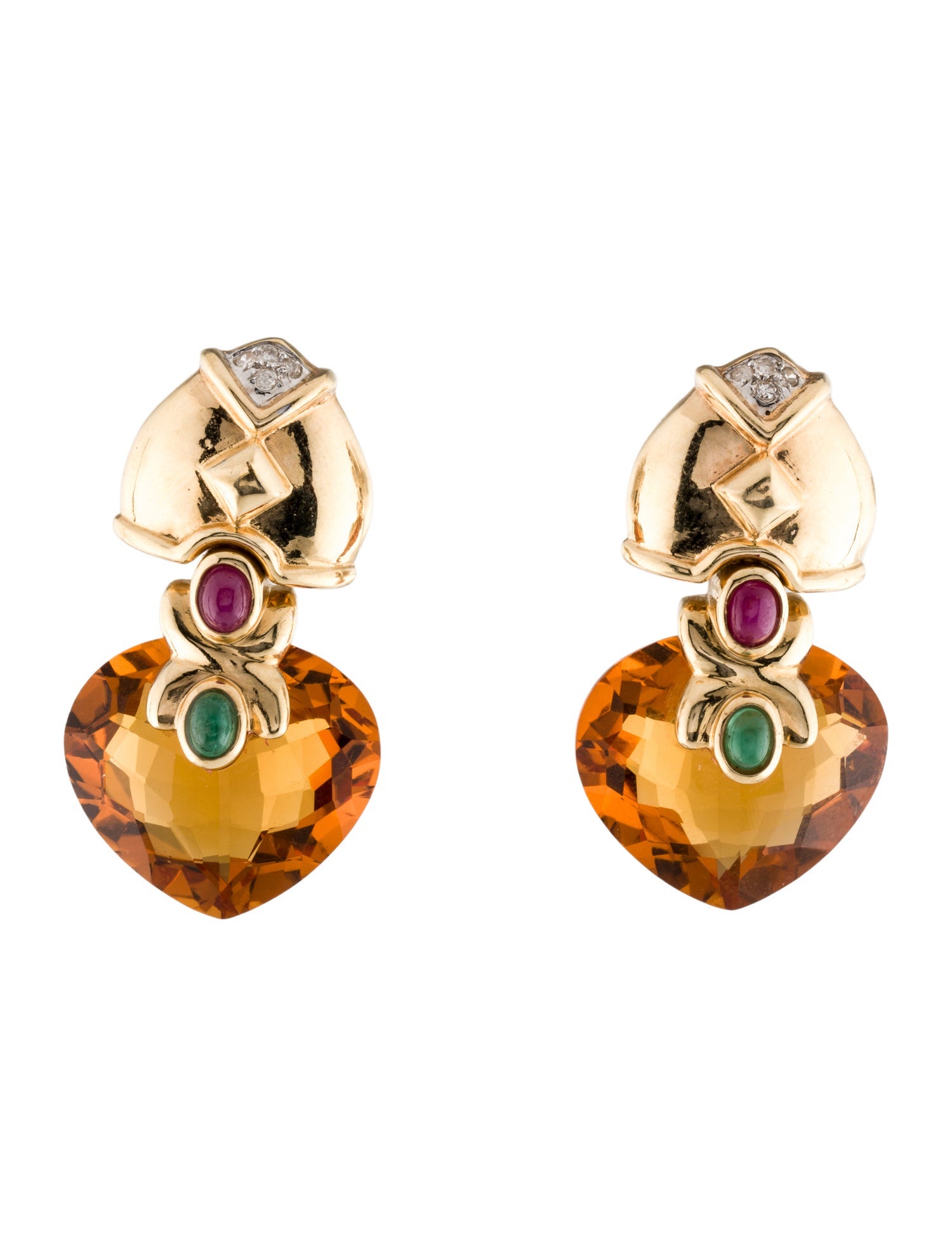 Earrings 14K 35.59ctw Citrine, Diamond, Emerald & Ruby Heart Drop