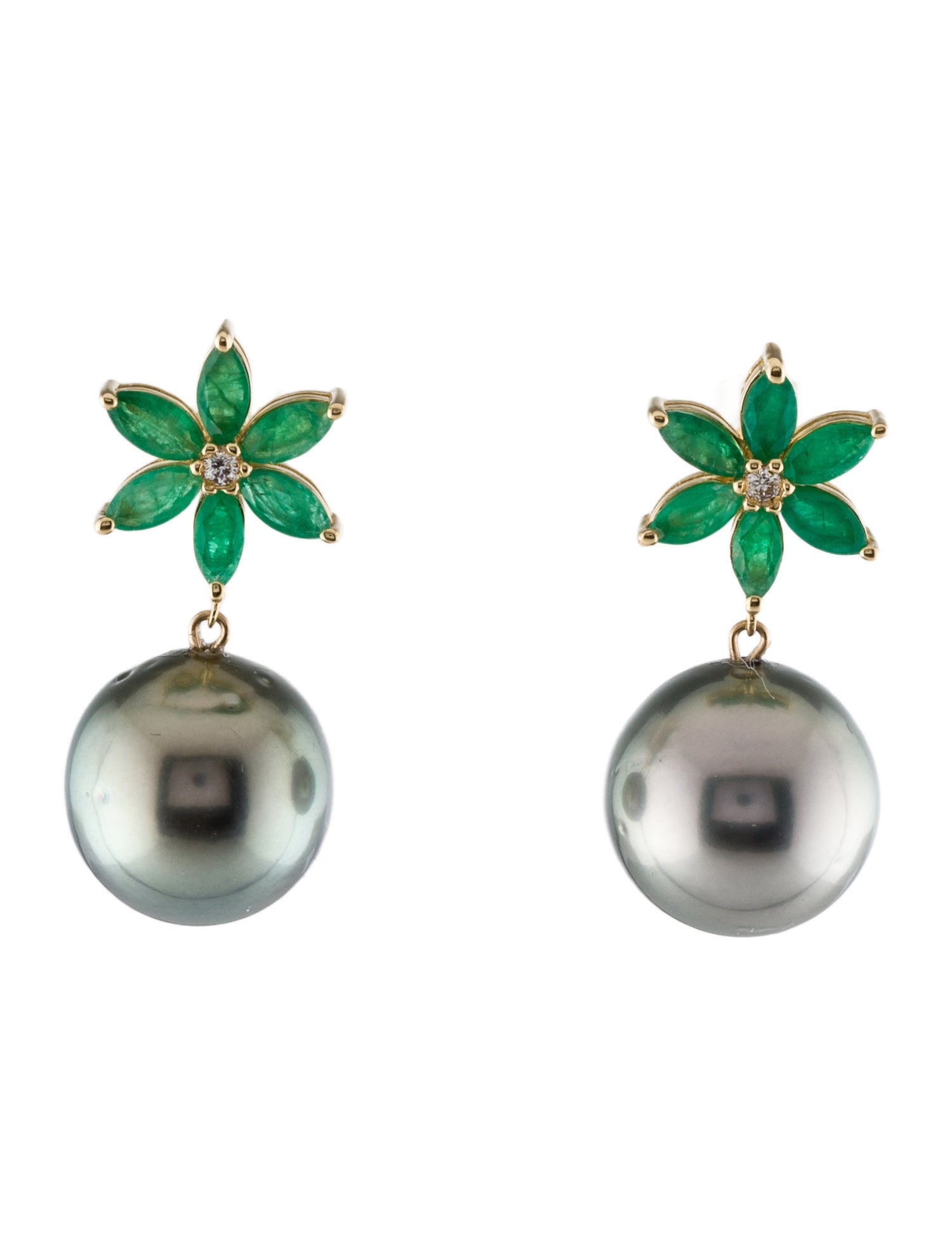Earrings 14K Pearl, Emerald & Diamond Drop