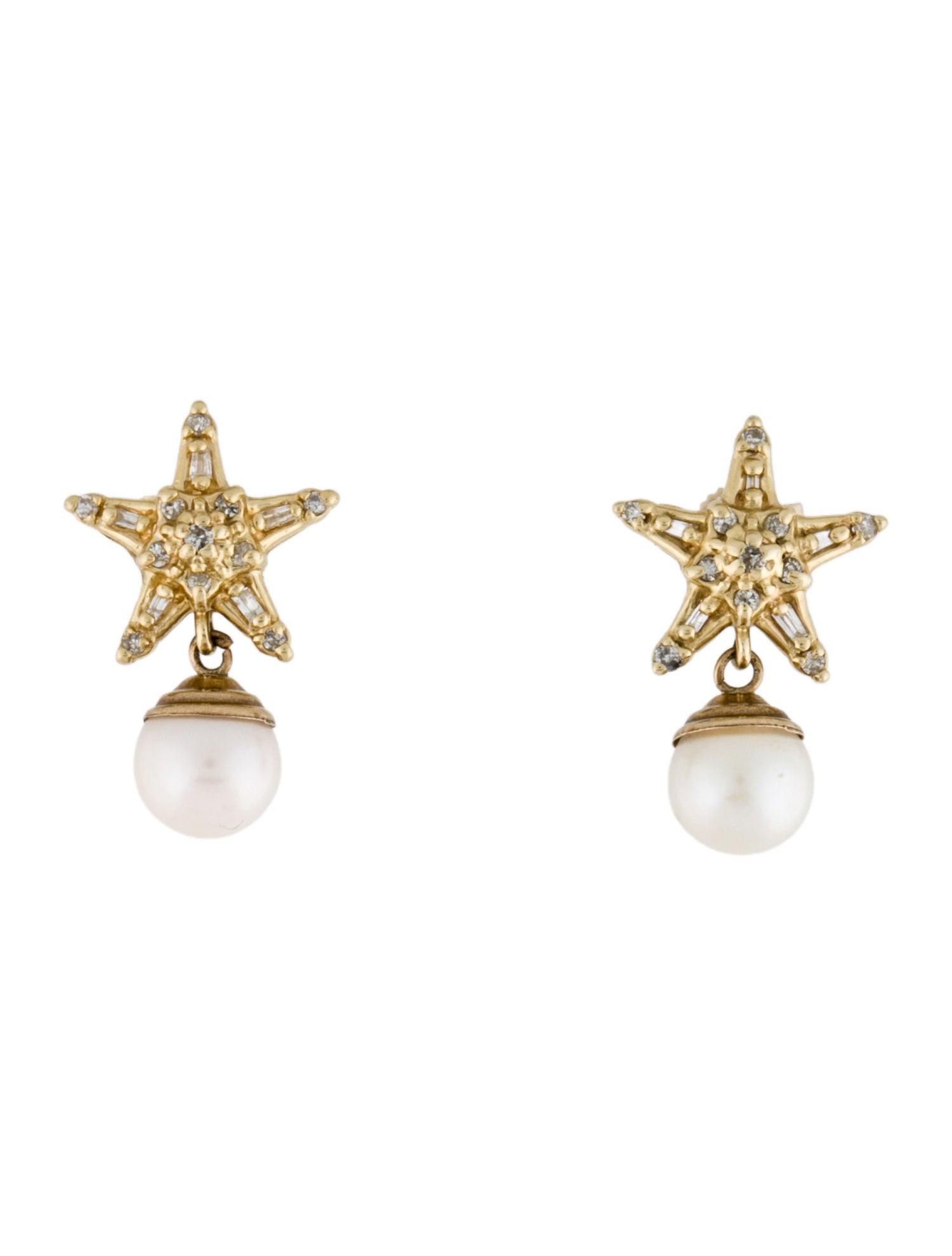 Earrings 14K Pearl & Diamond Star Drop