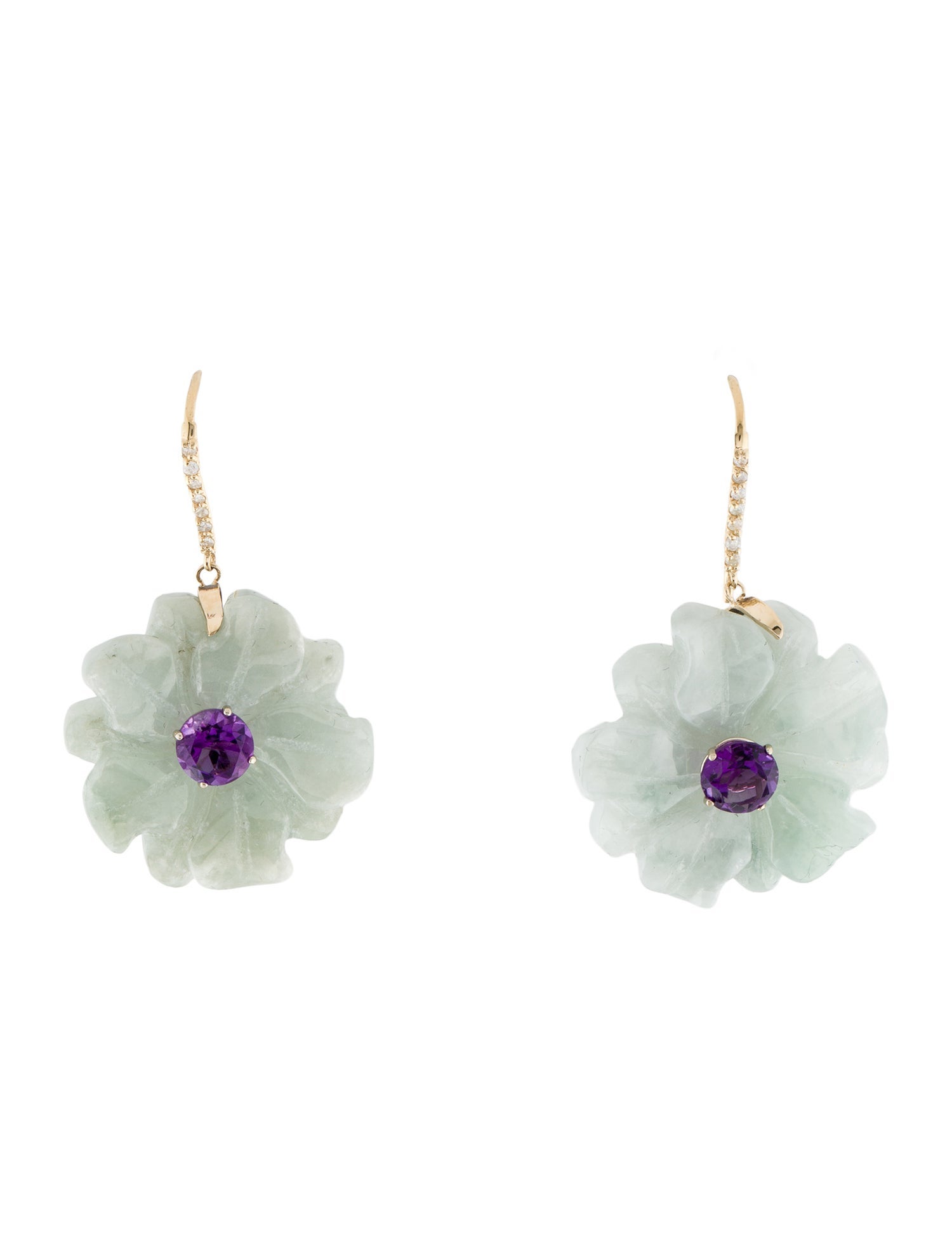 Earrings 14K Amethyst, Jadeite & Diamond Flower Drop