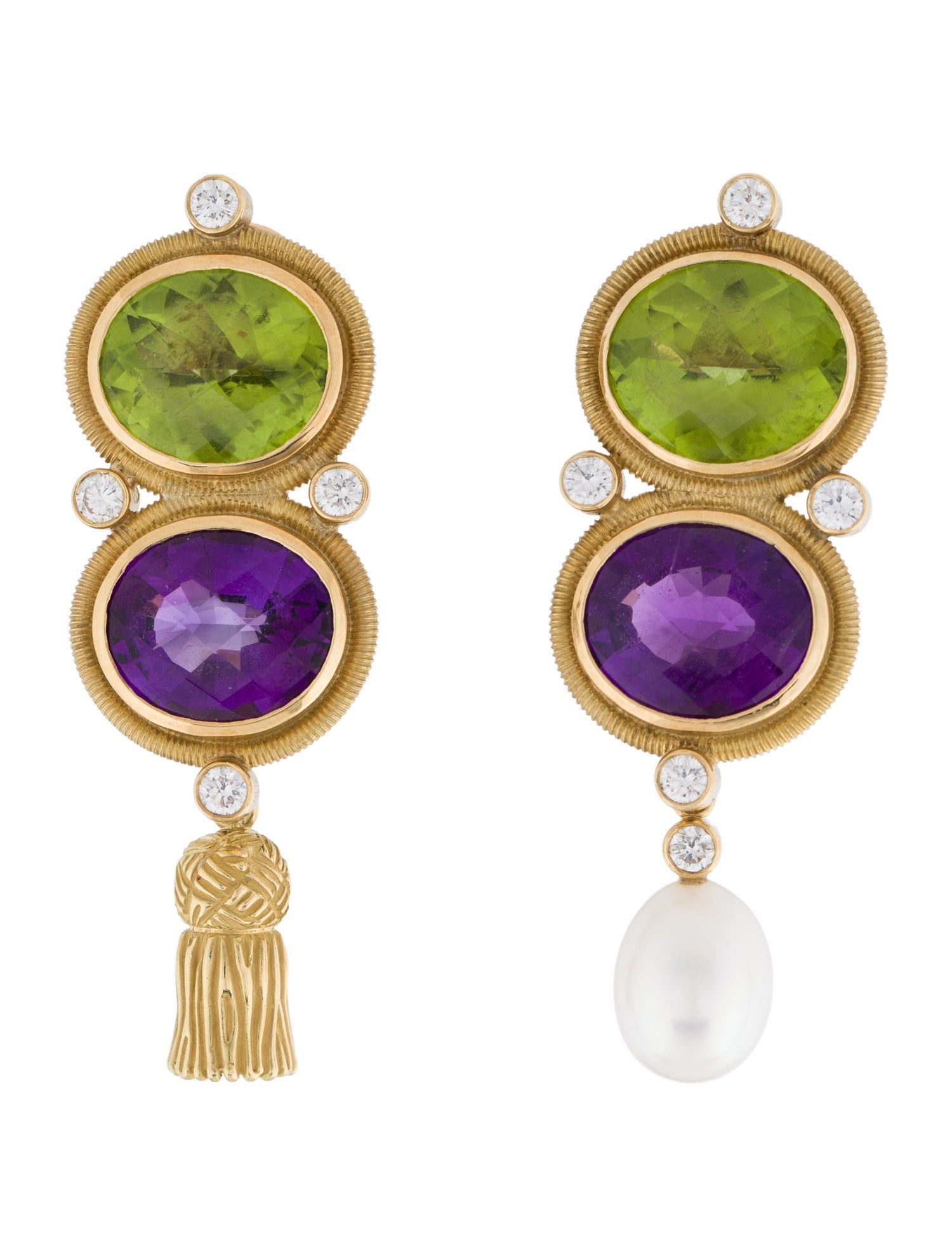 Earrings 18K Pearl, Peridot, Amethyst & Diamond Convertible Clip-On