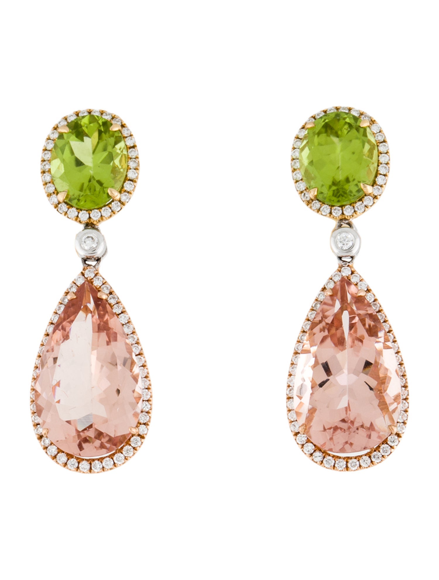 Earrings 18K Morganite, Peridot, & Diamond Drop Earclips