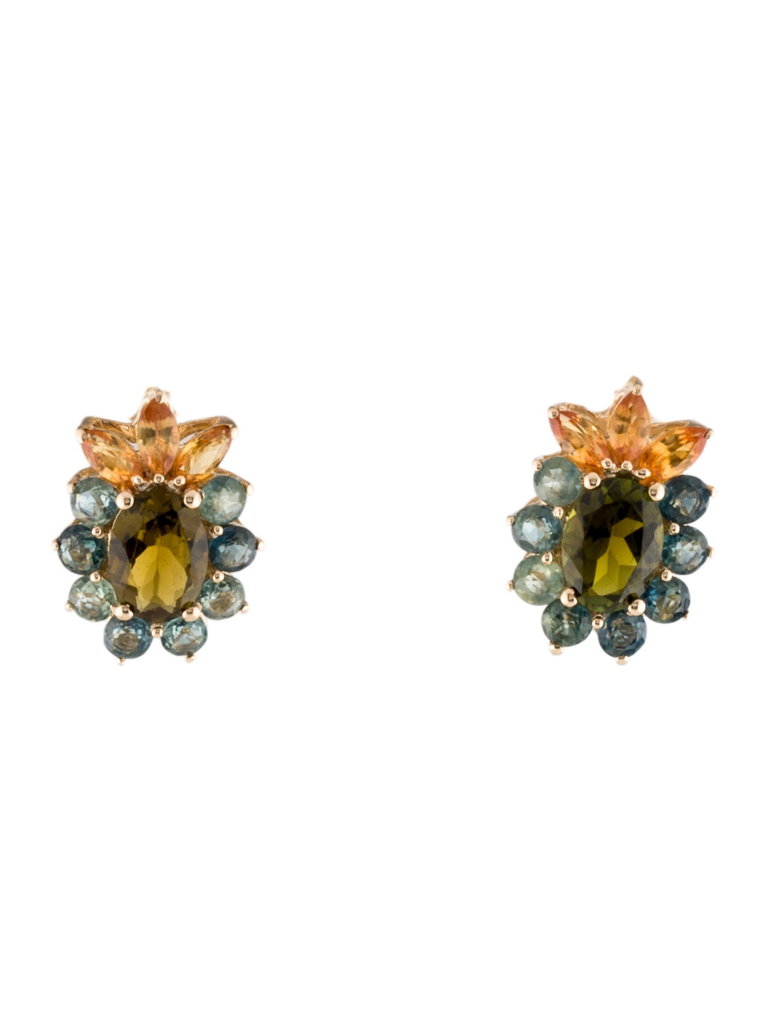 Earrings 14K 1.32ct Tourmaline & 1.83ct Sapphire Floral Stud