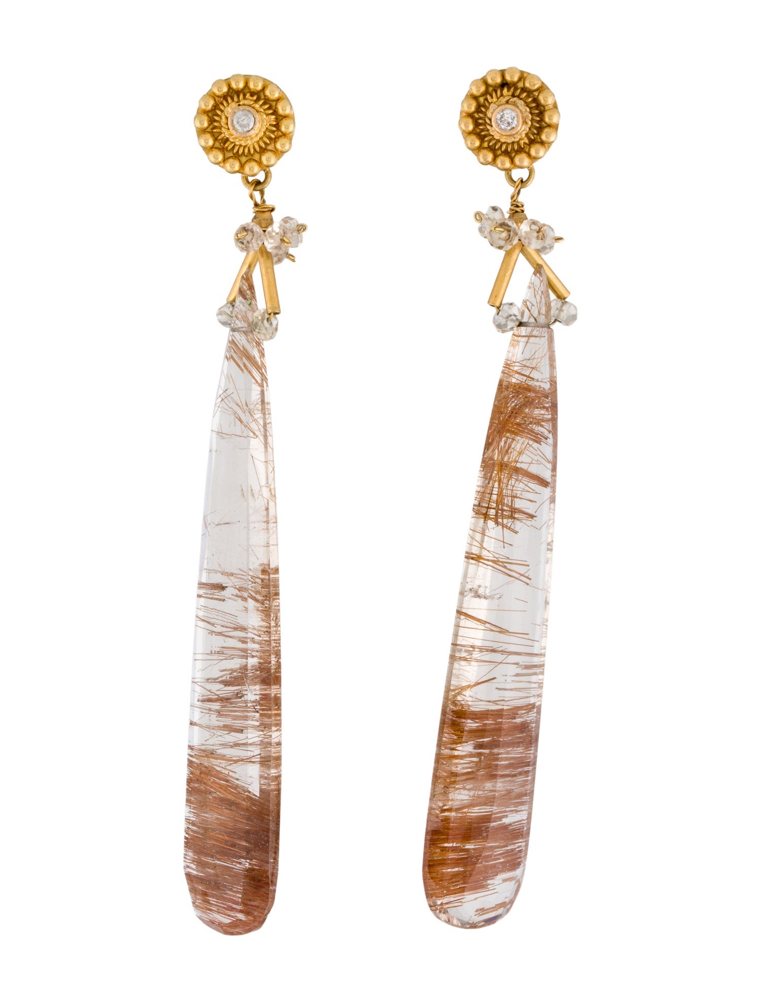 Earrings 18K Rutilated Quartz, Quartz & Diamond Drop