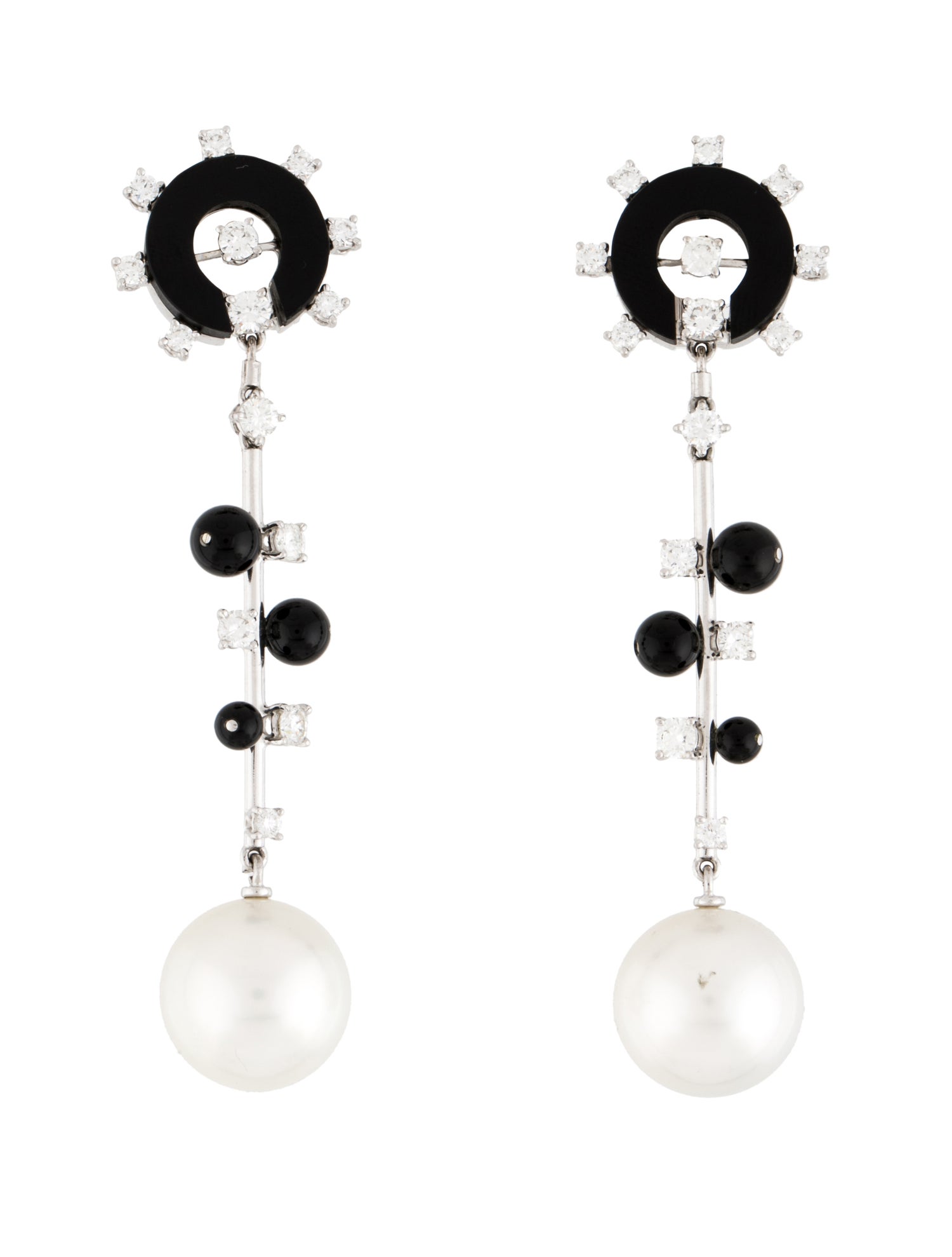 Earrings Cesare De Vecchi 18K Cultured Pearl, Onyx, & Diamond Drop Earclips