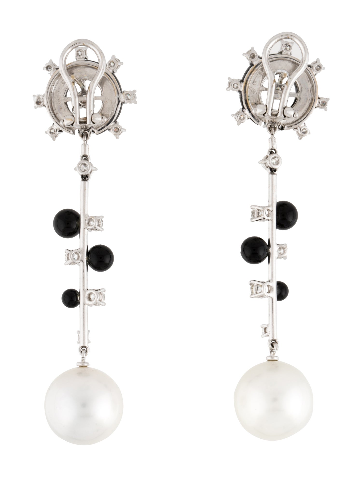 Earrings Cesare De Vecchi 18K Cultured Pearl, Onyx, & Diamond Drop Earclips