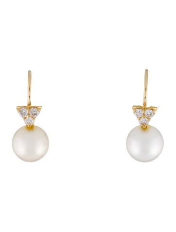 Pre-owned Earrings 18k Pearl & Diamond Drop  In Multi