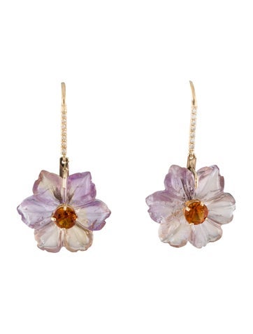 Pre-owned Earrings 14k Citrine, Ametrine, & Diamond Flower Drop  In Multi