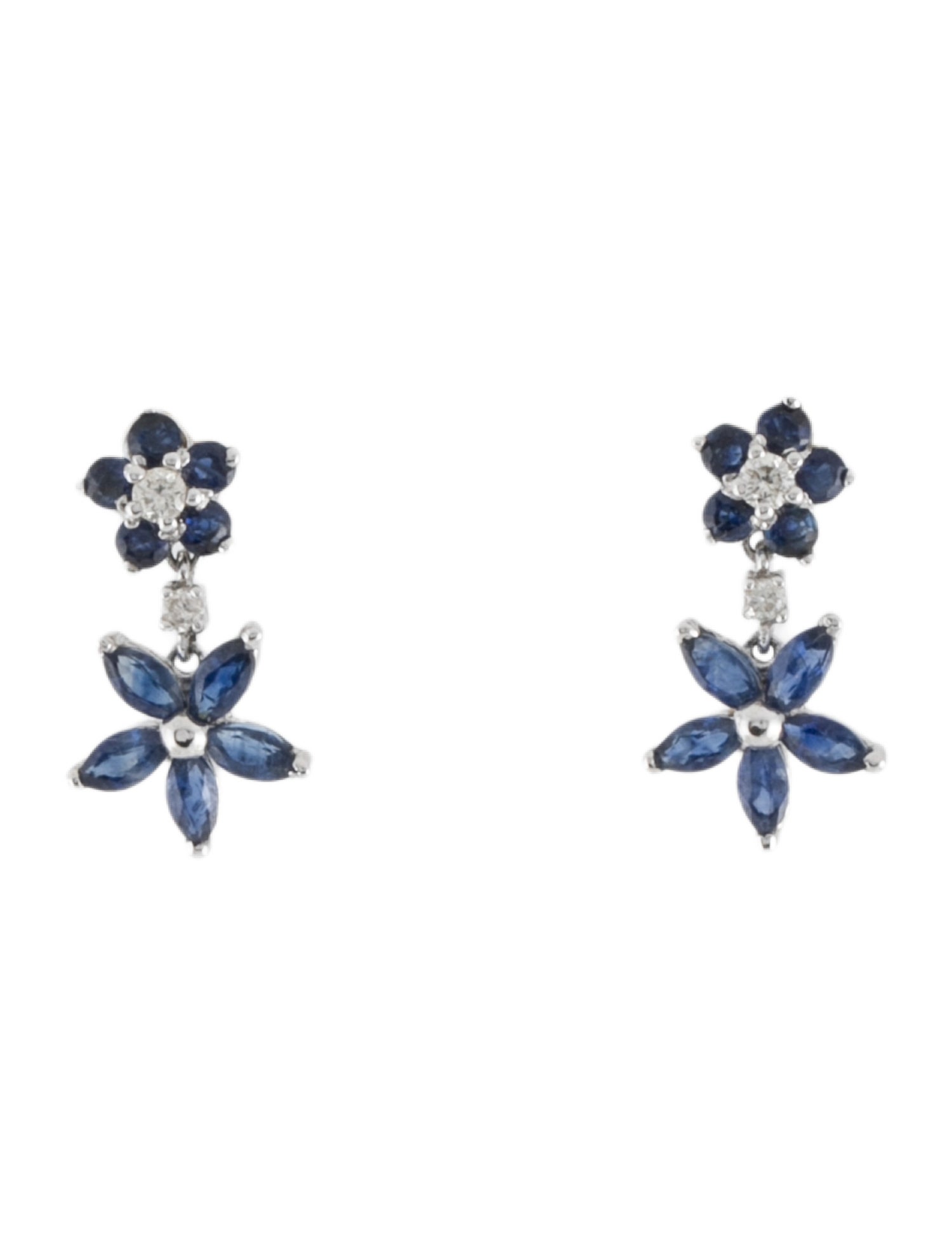Earrings 14K Sapphire & Diamond Flower Drop
