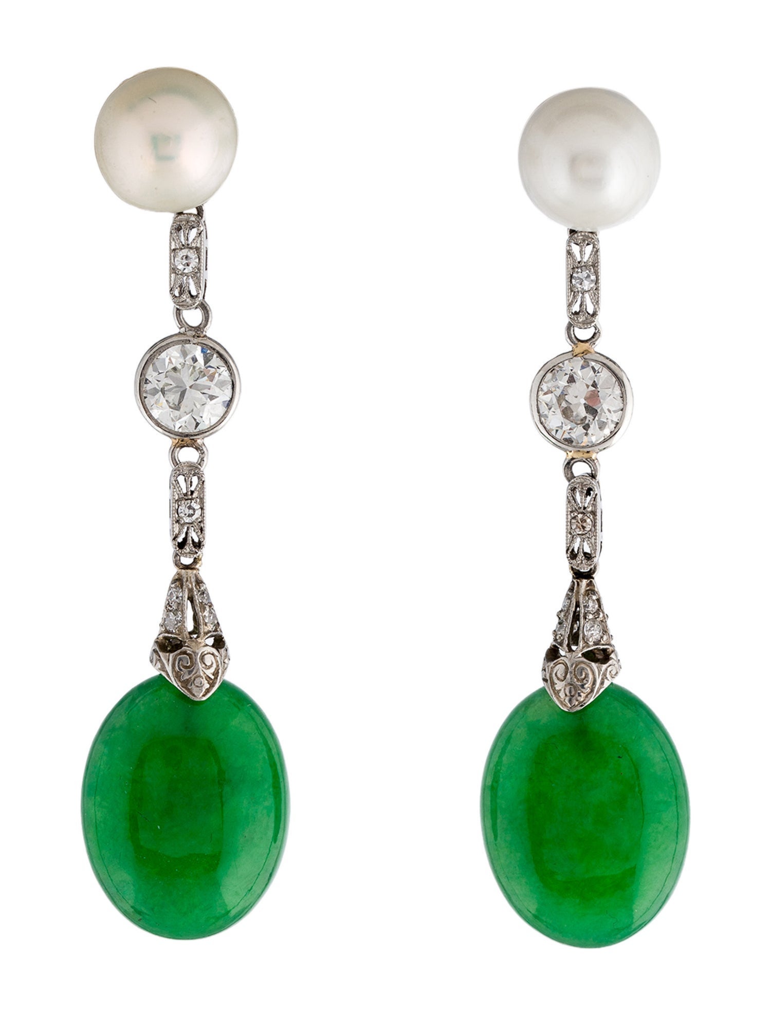 Earrings Vintage Platinum Pearl, Jadeite & Diamond Drop Earrings
