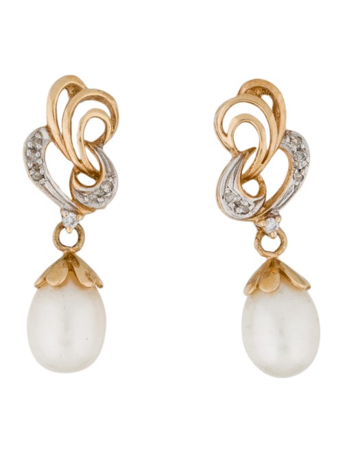 14K Pearl & Diamond Drop Earrings yellow