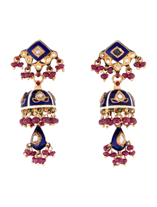 Diamond, Ruby & Enamel Drop Earrings yellow