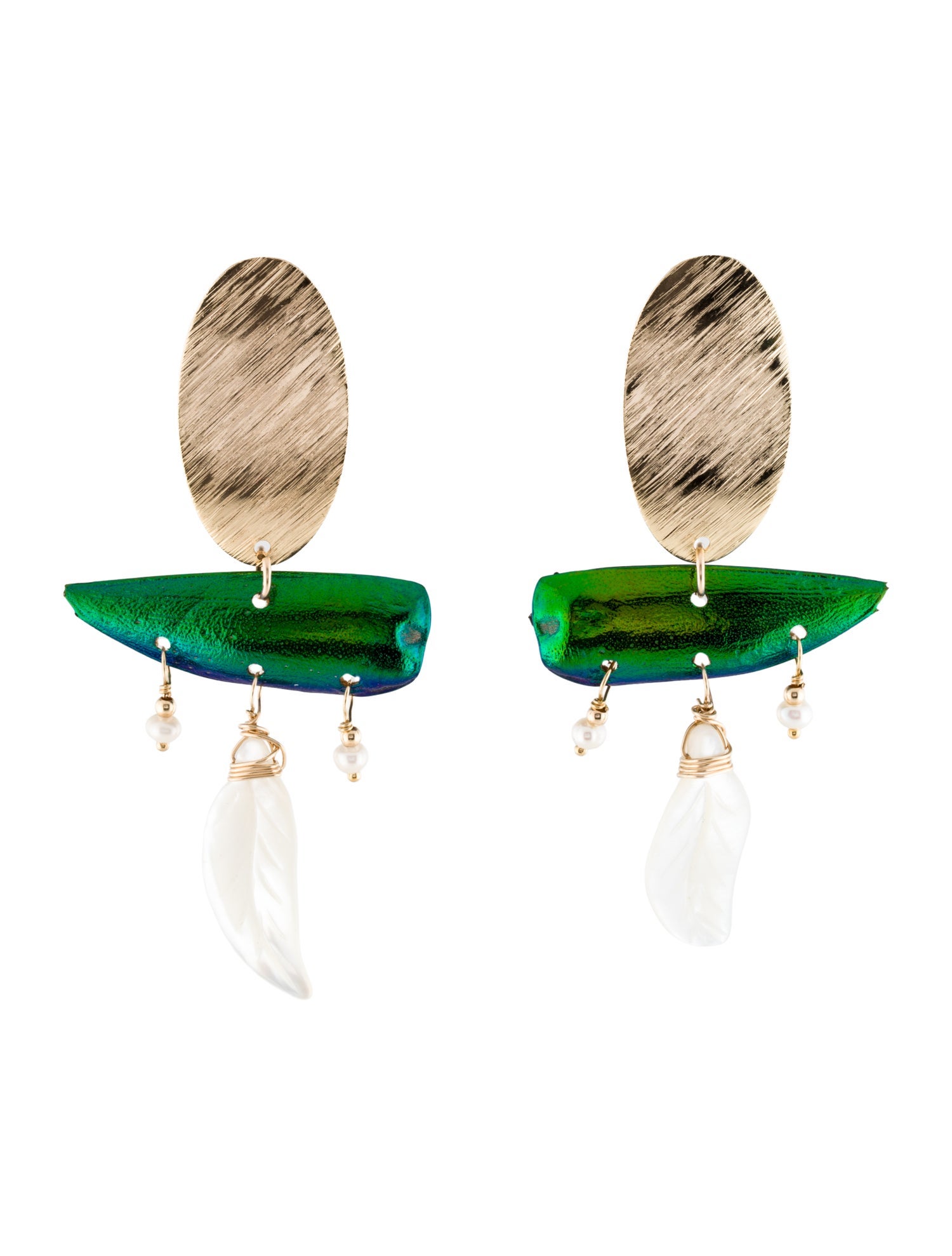 Eva Noga Mother of Pearl, Pearl & Beetle Wings Drop Earrings