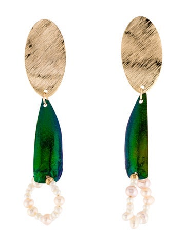 Pre-owned Eva Noga Pearl & Beetle Wing Drop Earrings In Multi