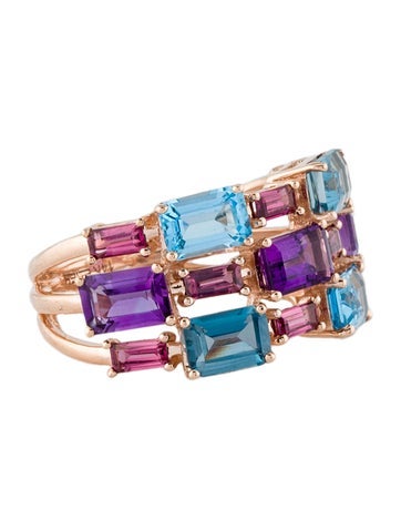 Effy Jewelry Band 14K 5.08ctw Blue Topaz, Amethyst & Rhodialite Three-Row Cocktail Ring 7