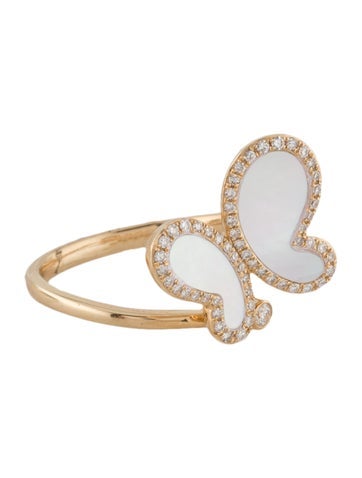 Effy Jewelry Cocktail Ring 14K Diamond & Mother of Pearl Butterfly 7