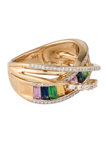 Effy Jewelry Cocktail Ring 14K Multi Sapphires, Tsavorite Garnet & Diamond Crossover 7