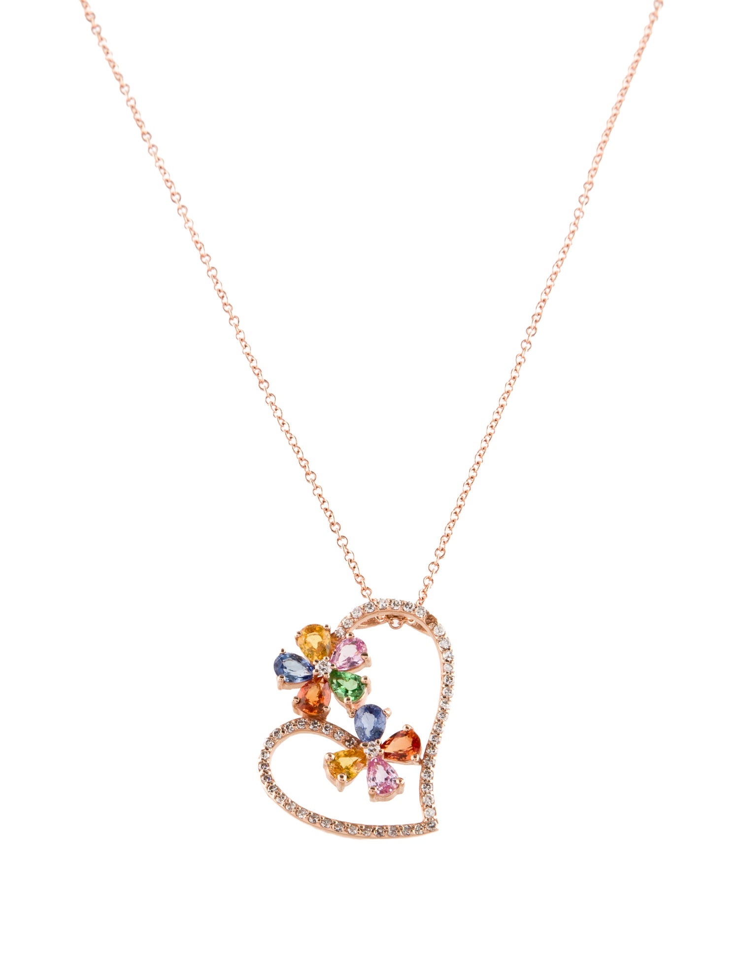 Effy Jewelry 14K Sapphire, Tsavorite Garnet & Diamond Floral Heart Pendant Neckalce