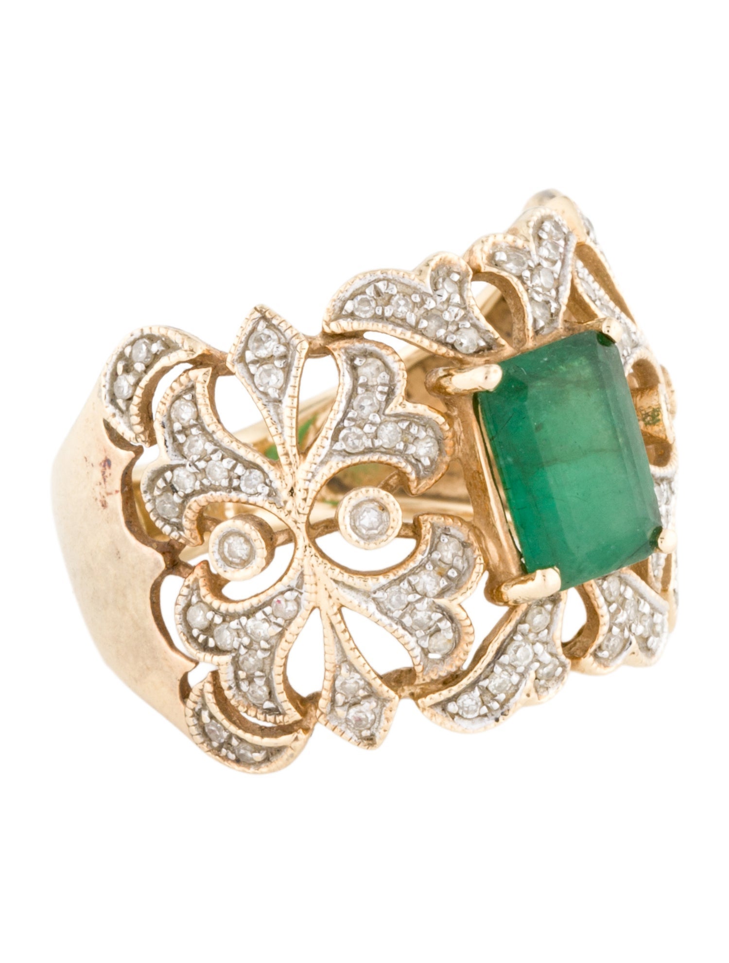 Effy Jewelry 14K 1.24ct Emerald & Diamond Filigree Cocktail Ring