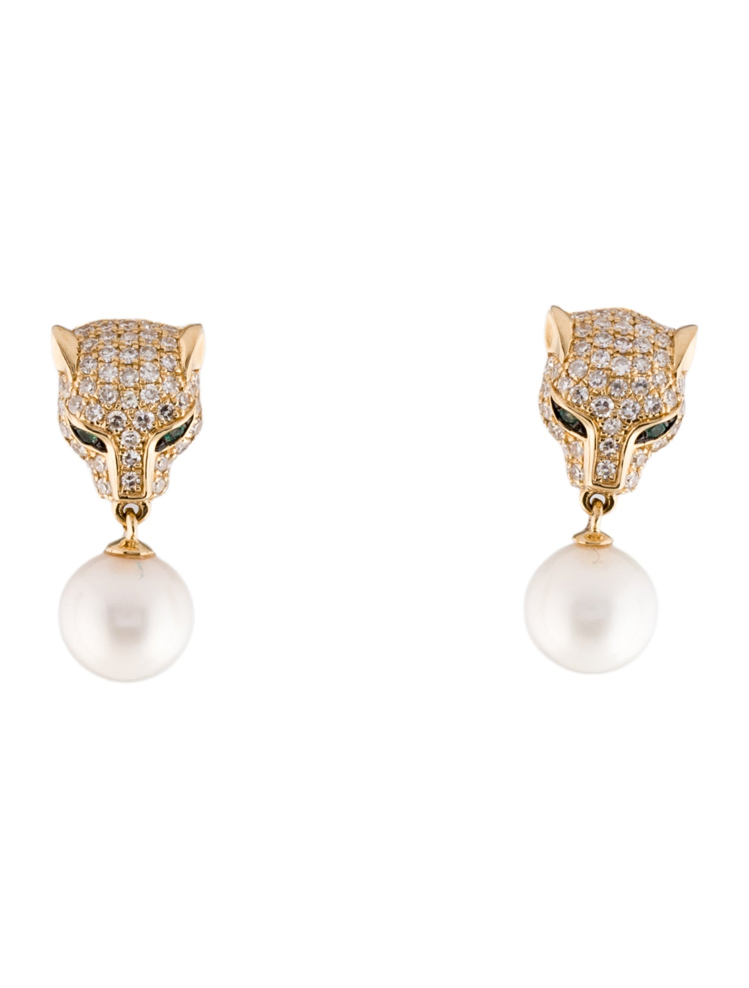 Effy Jewelry 14K Pearl, Emerald, & Diamond Panther Drop Earrings