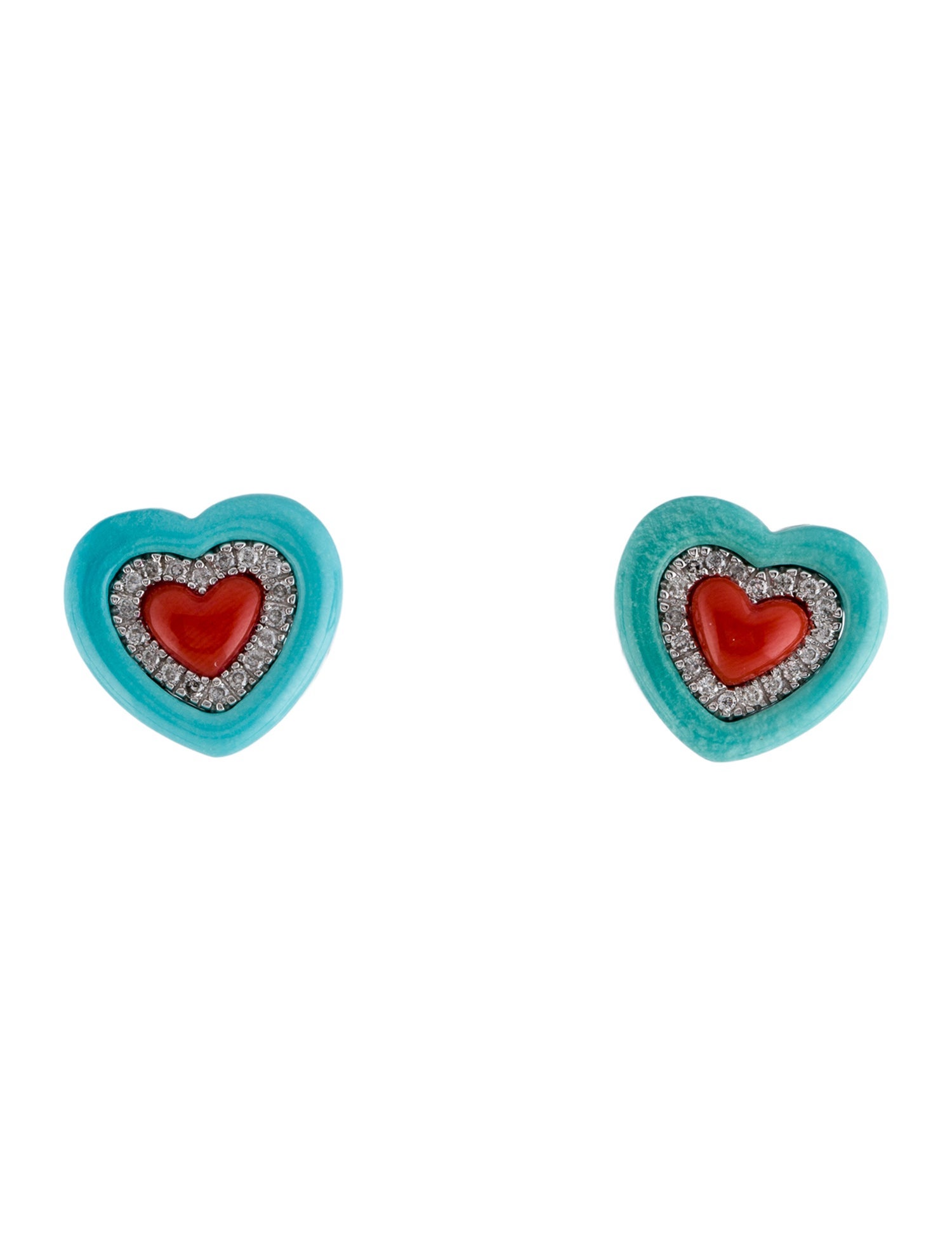 Effy Jewelry 14K Coral, Turquoise & Diamond Heart Earclips