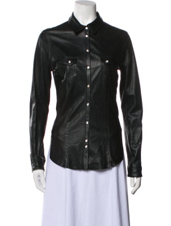Eleventy Leather Long Sleeve Button-Up Top