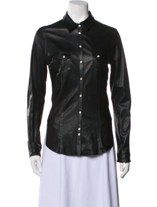 Eleventy Leather Long Sleeve Button-Up Top