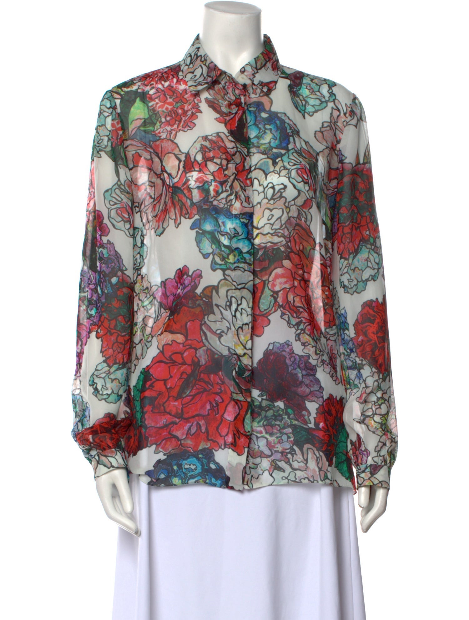 Elie Saab Silk Floral Print Button-Up Top