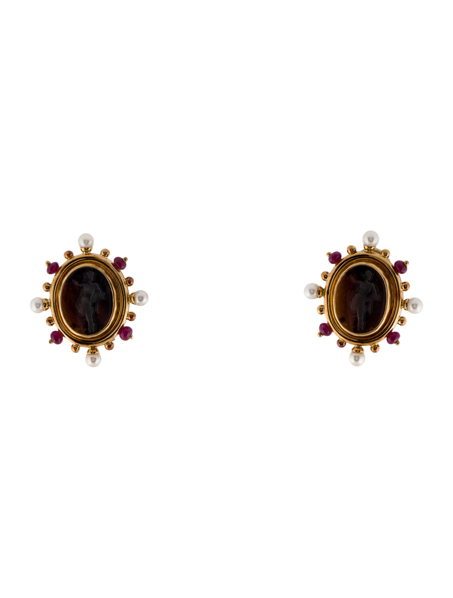 Elizabeth Locke 18K Pearl, Glass Intaglio & Ruby Earclip Earrings