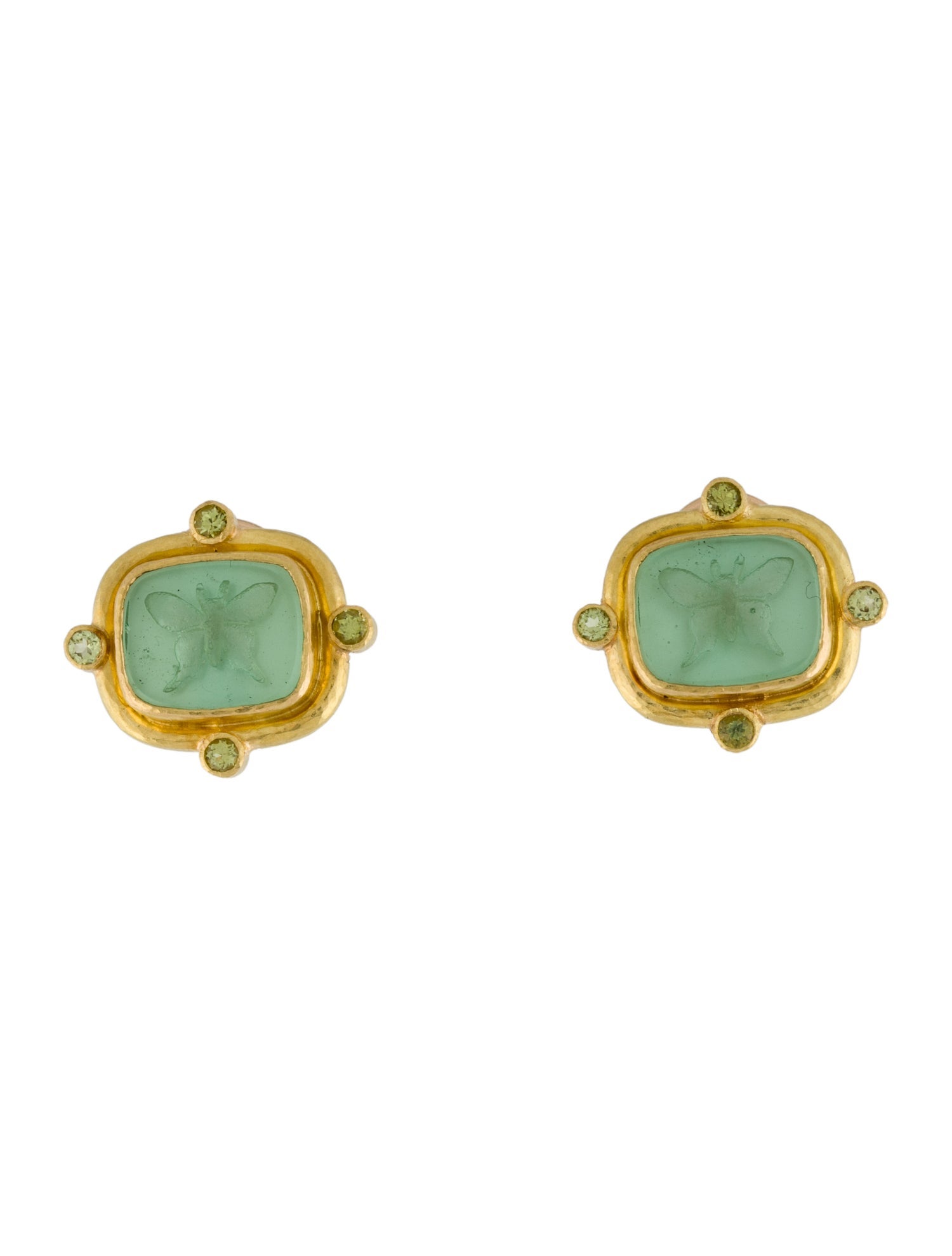 Elizabeth Locke 19K Mother of Pearl, Peridot & Glass Intaglio Ear Clips