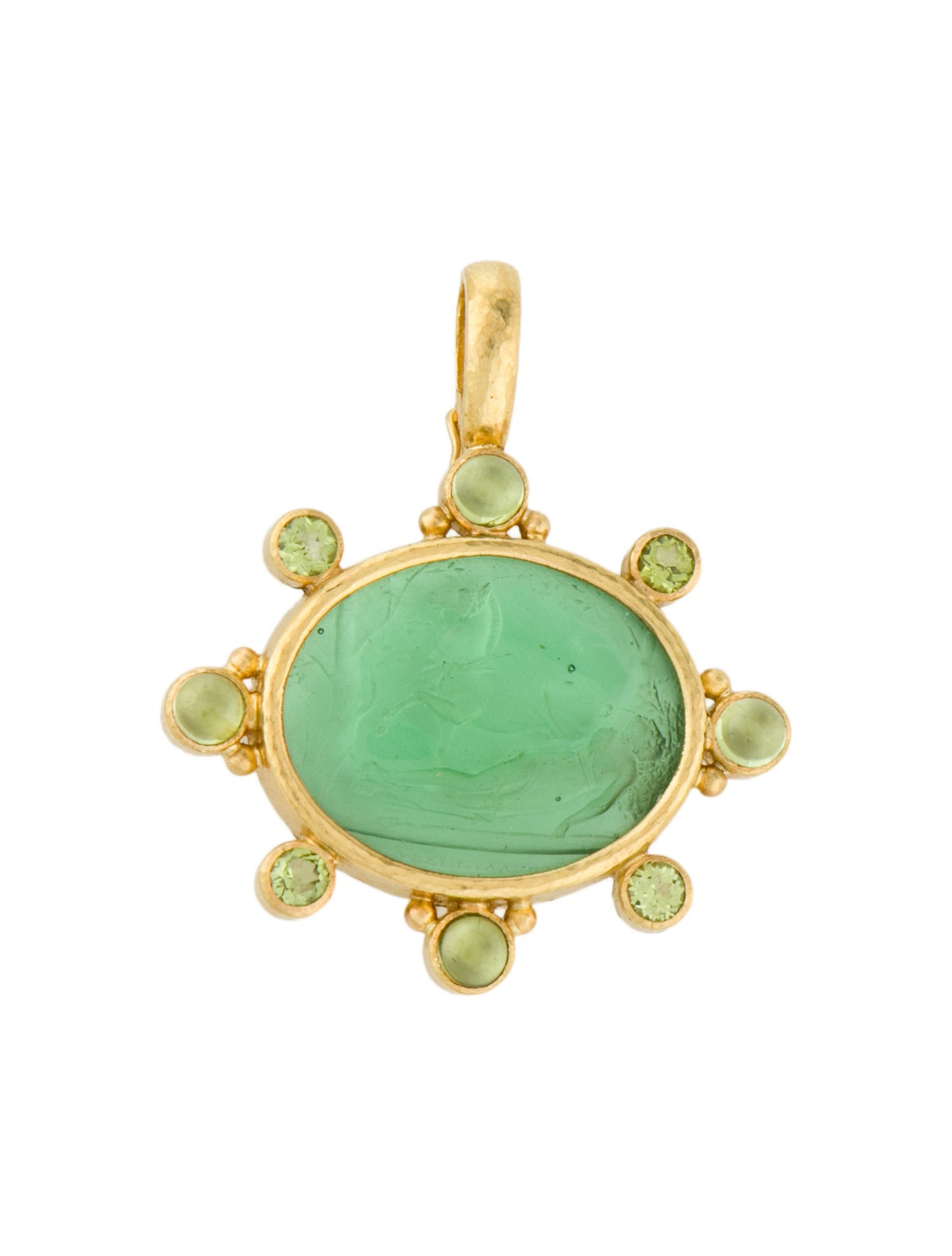 Elizabeth Locke 19K Mother of Pearl. Peridot & Glass Intaglio Pendant