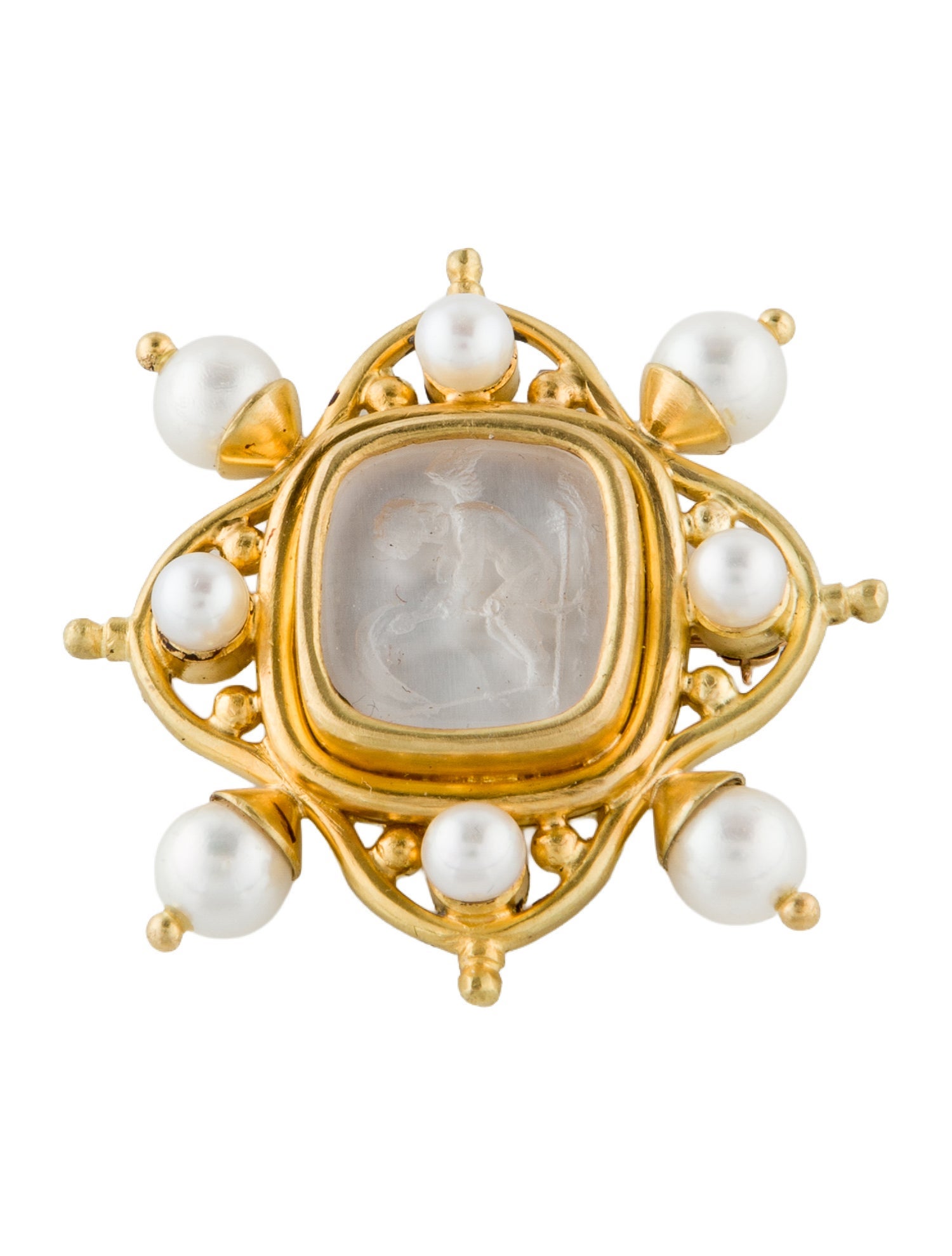 Elizabeth Locke 19K Pearl, Mother of Pearl & Glass Intaglio Brooch