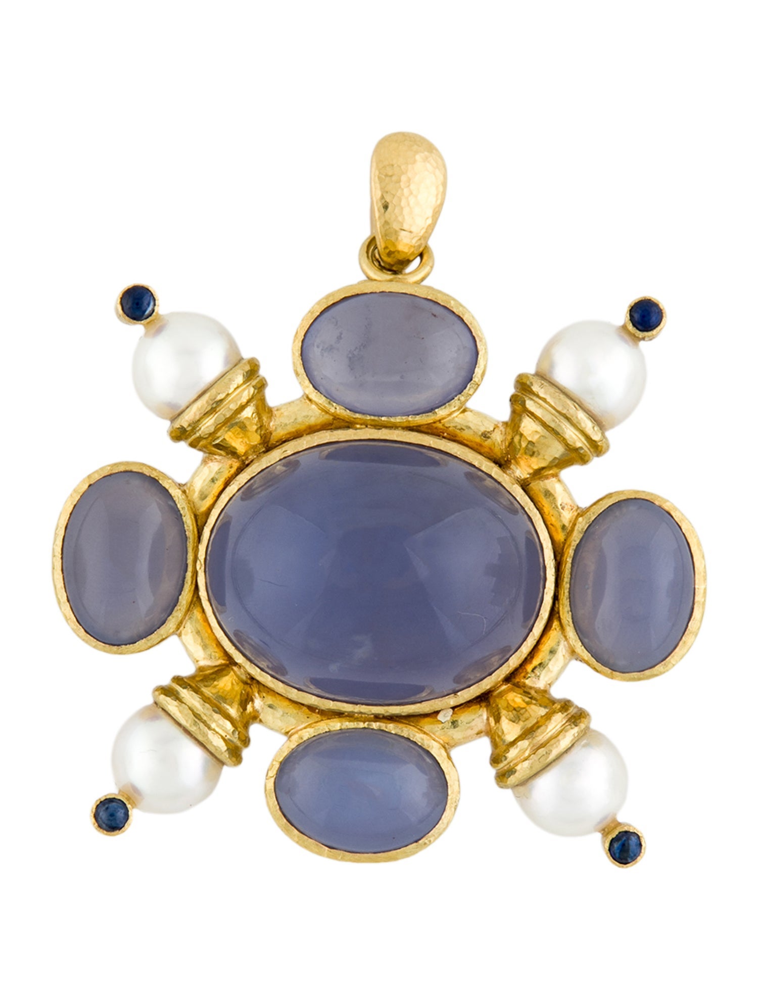 Elizabeth Locke 18K Cultured Pearl, Chalcedony, & Sapphire Brooch Pendant