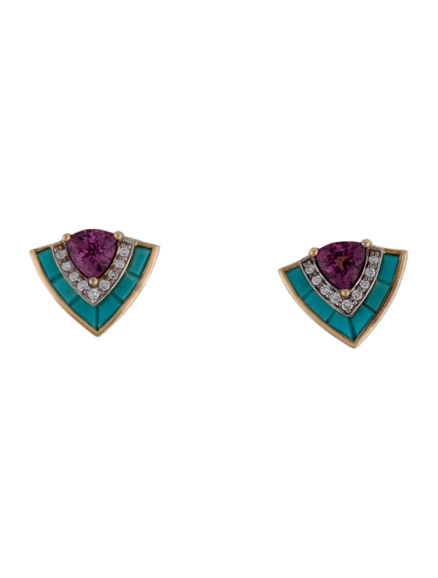 Emily P. Wheeler 18K Rhodolite, Turquoise & Diamond Triangular Stud Earrings
