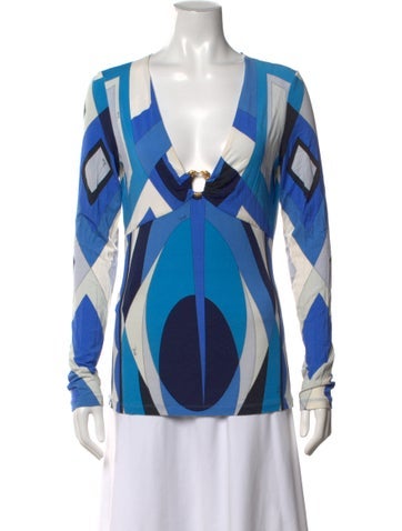 Pre-owned Pucci Printed V-neck Top In Blue
