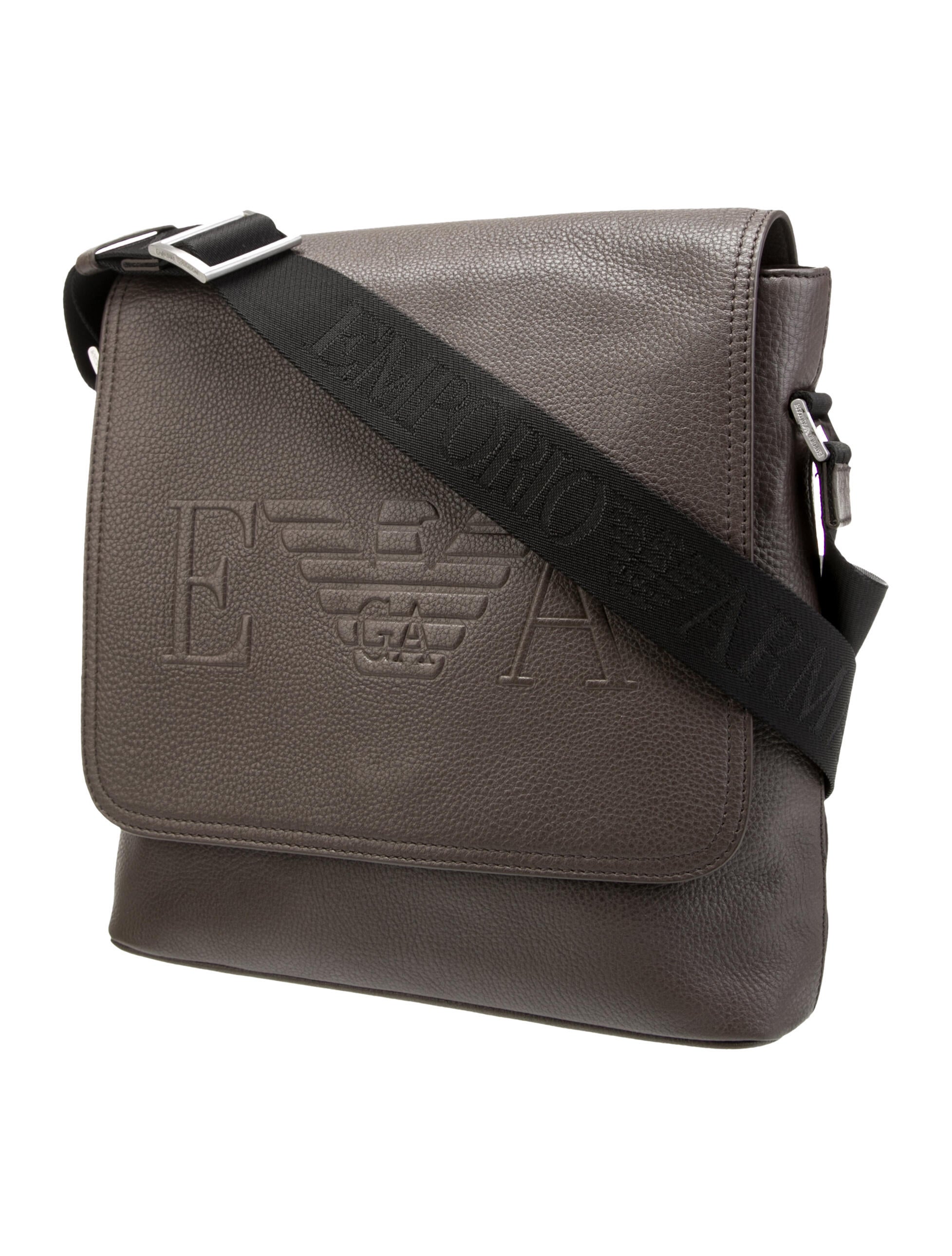Emporio Armani Logo Embossed Leather Messenger Bag Grey Messenger