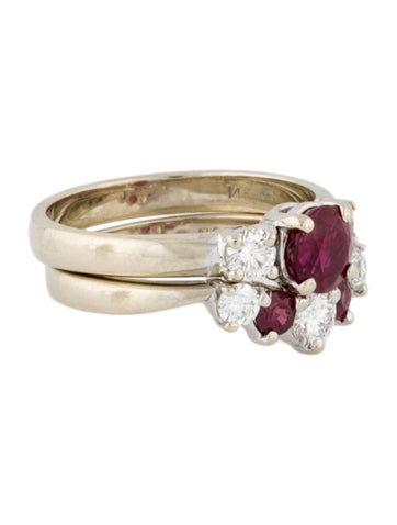 Engagement Ring Wedding Set 14K Ruby & Diamond Three-Stone w/Shadow 7