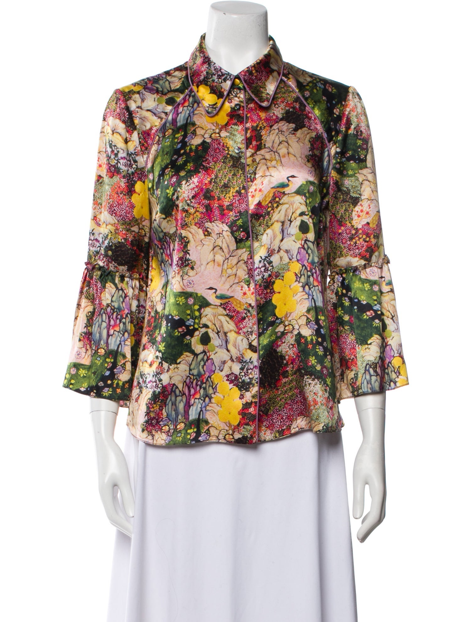 Erdem Floral Print Three-Quarter Sleeve Button-Up Top