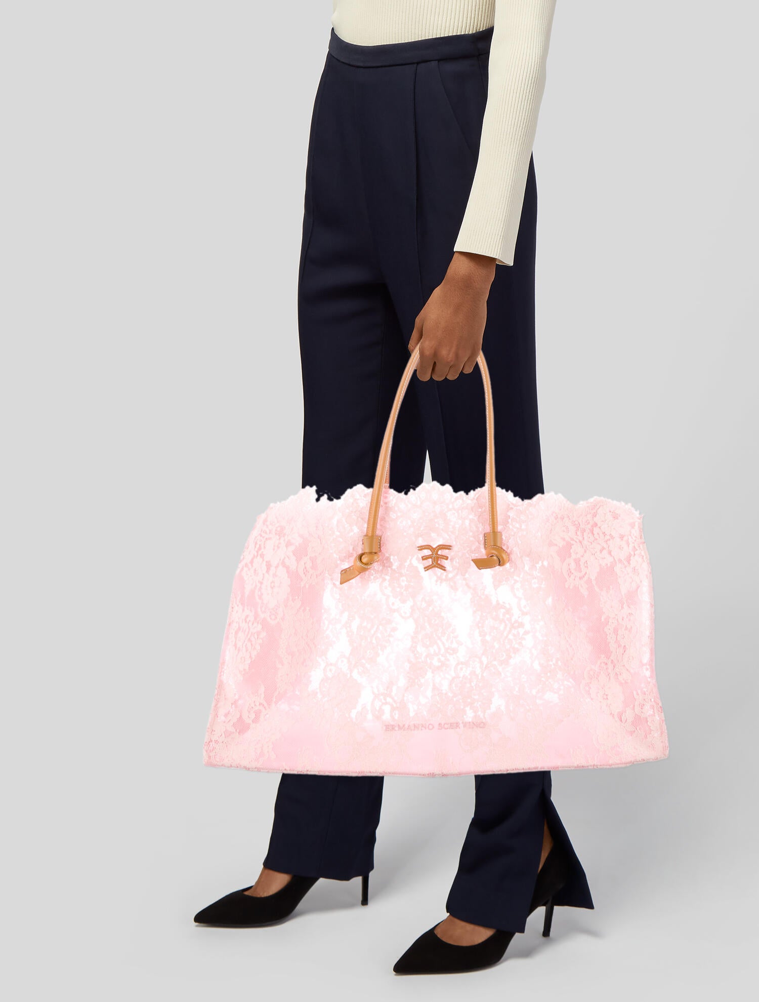 Ermanno Scervino Lace Leather Trim Tote Bag - Pink Totes