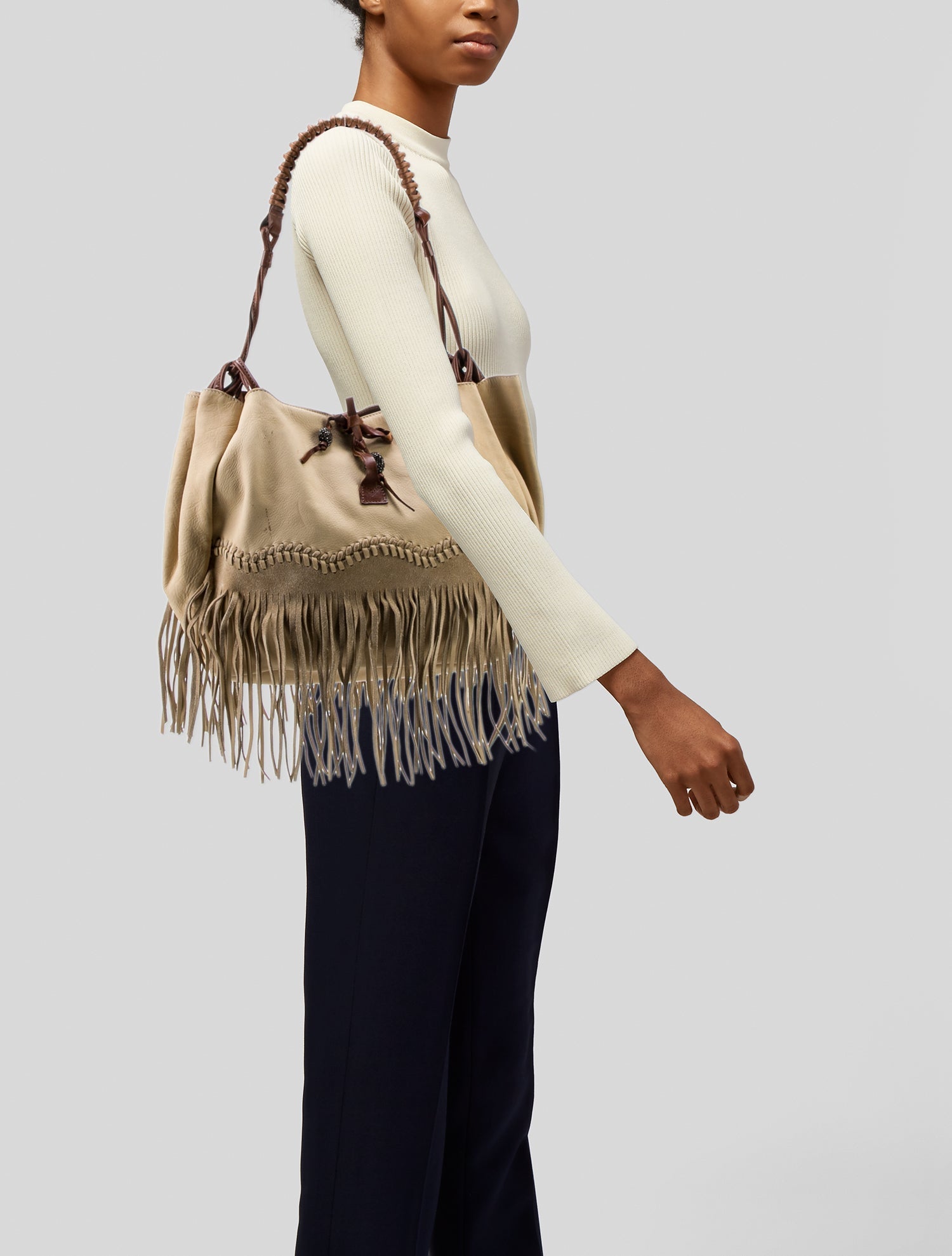 ERMANNO SCERVINO レディース フリンジ 2wayバッグ 8995 Ermanno Scervino Fringe Trim Leather Shoulder Bag - Neutrals