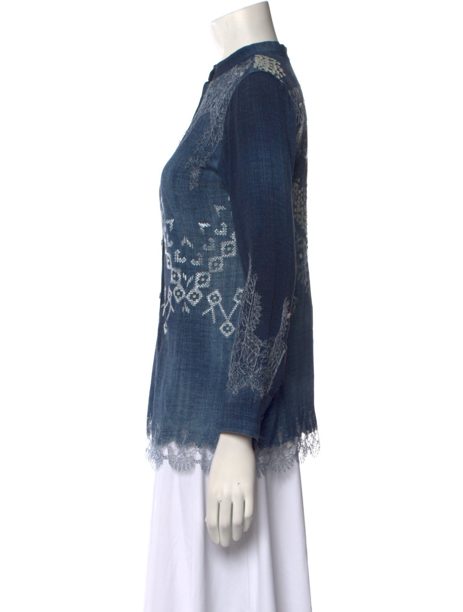 Ermanno Scervino Lace Pattern Mock Neck Button-Up Top