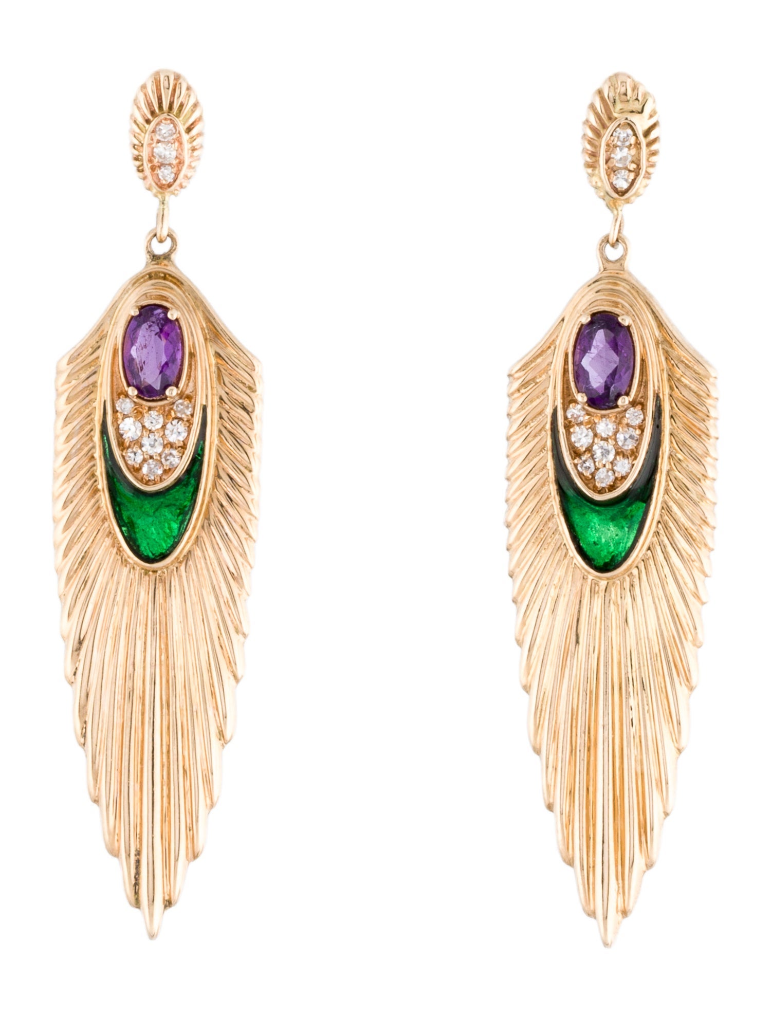 Erté 14K Diamond, Amethyst & Enamel Rayonnement Drop Earrings