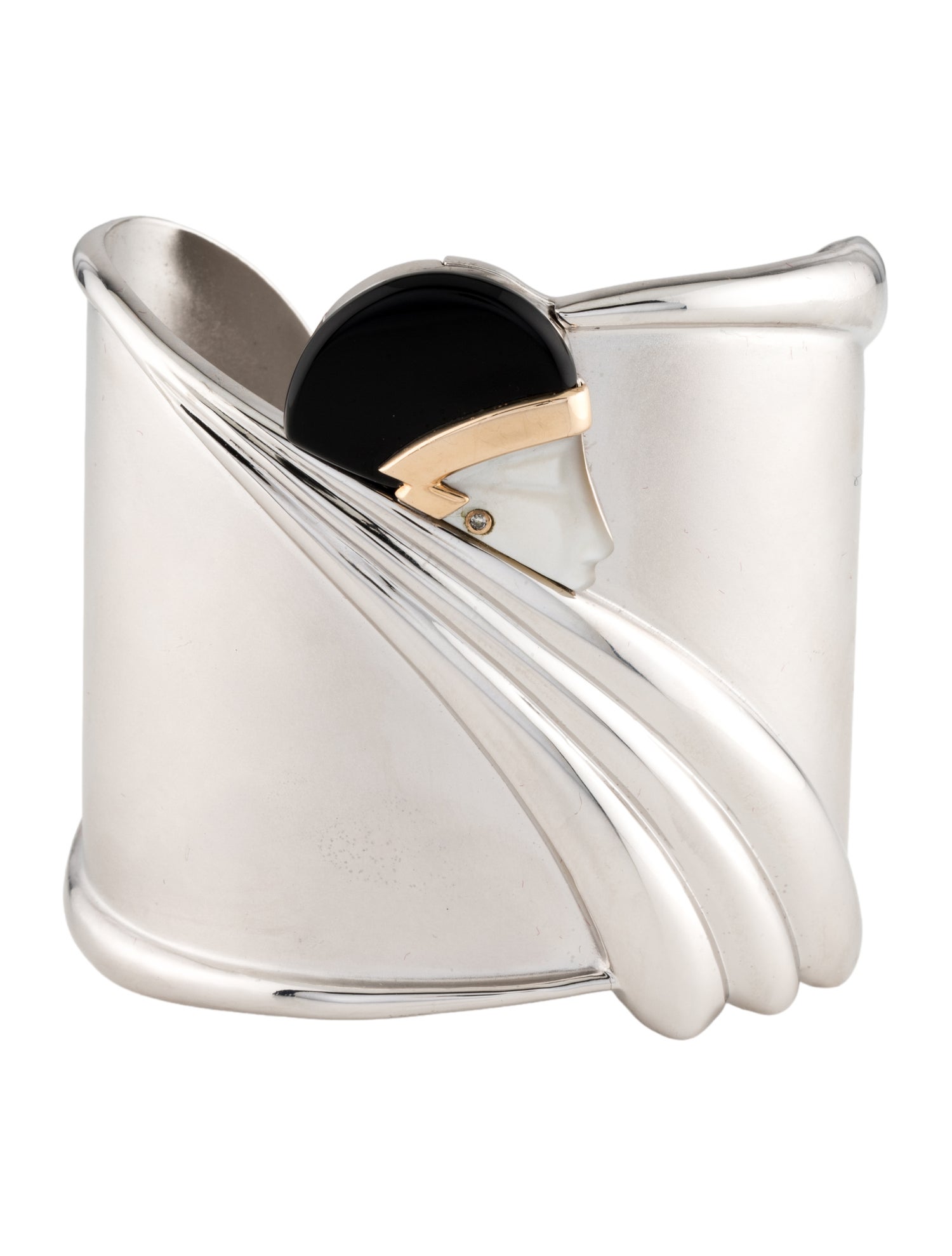 Erté Vintage Mother of Pearl , Onyx & Diamond Tempest Cuff Bracelet